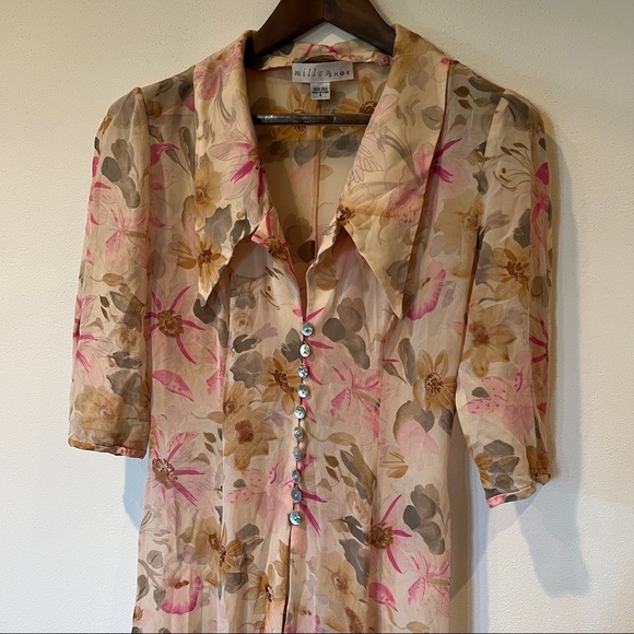 90s Vintage Miller Shor Silk Sheer Floral Maxi Half Sleeve Overlay Dress - Picture 4 of 11